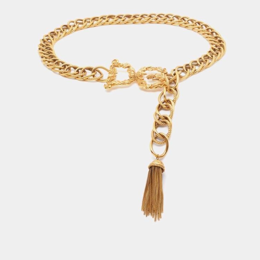Rare Vintage Dolce & Gabbana Gold Tone DG Floral Logo Tassel Chain Belt